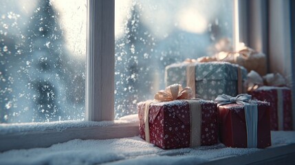 Christmas gifts near frosted window,