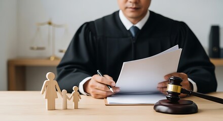 Judge presiding over family law case reviewing documents in courtroom