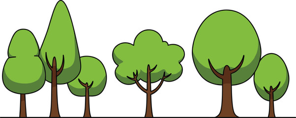 Stylized tree illustration, nature clipart, forest elements, green foliage, cartoon trees, educational asset, landscape design, vector trees, playful nature scene