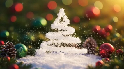 Christmas tree made of snow on a winter scene with pine cones and colorful ornaments in a festive holiday setting