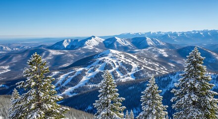 Majestic Snow Covered Mountains With Pine Trees Under Clear Blue Sky