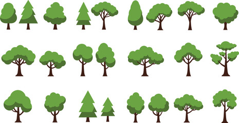 Stylized tree illustrations, cartoon forest elements, green foliage icons, nature clipart, coniferous and deciduous trees, educational, decorative, vector art