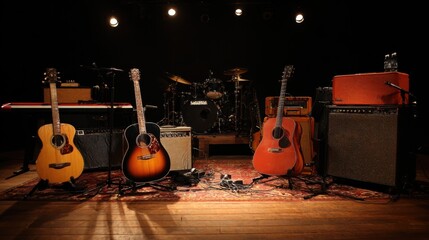 Guitars amps and a keyboard sit ready for an exciting live performance in a cozy venue.