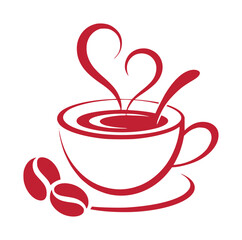 Red Coffee Cup with Heart-Shaped Steam and Coffee Beans