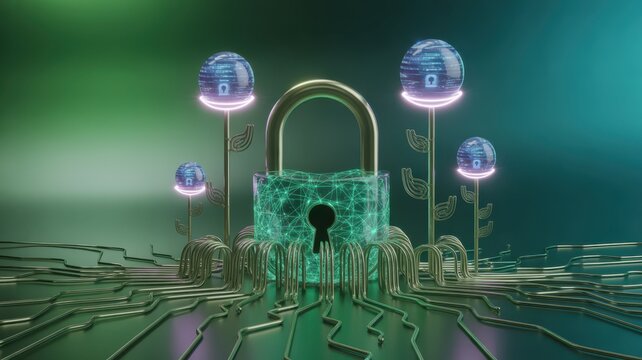 Glowing digital padlock surrounded by circuit board wires and data spheres security - Powered by Adobe