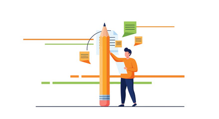 Conceptualizing Ideas With Big Pencil, Notes and a Person Representing Innovative Thinking