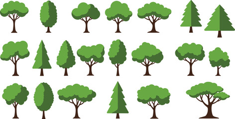 Stylized tree illustrations, green foliage, nature icons, forest elements, cartoon trees, seasonal design, landscape graphics, educational, decorative, vector art