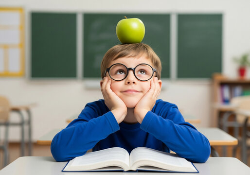 Young boy wearing glasses with a green apple balanced on his head sits at a desk with an open book in a classroom setting