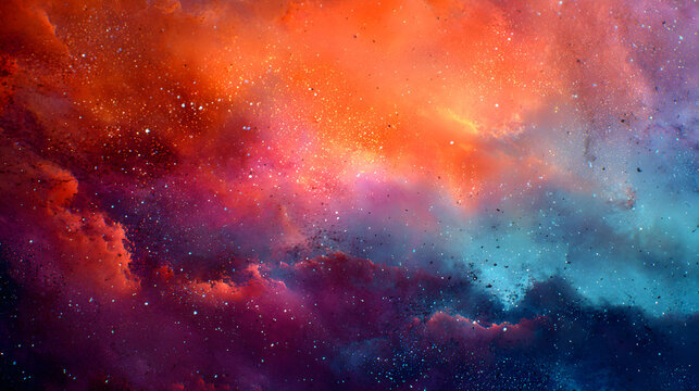 A dynamic and colorful abstract background resembling a cosmic nebula with swirling clouds of orange, red, purple, and blue, dotted with tiny bright stars