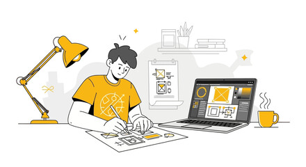 Creative Designer Concentrated On Digital Project Development With Laptop And Draft Plan