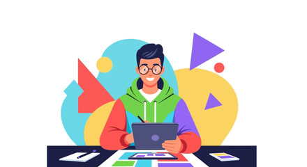 Creative Designer Working On Digital Tablet And Graphic Design Elements Illustration