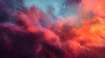A stunning cosmic nebula with vibrant clouds of pink, red, and orange, illuminated by distant stars, creating a breathtaking and aweinspiring celestial panorama