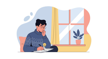 Creative Individual Deep In Though Writing Ideas While Working Near a Window