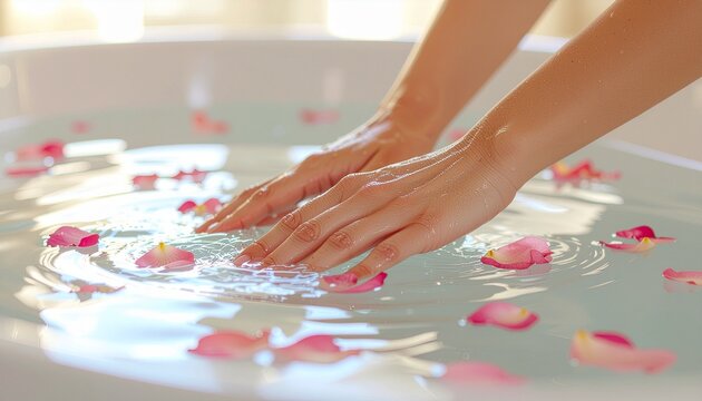 Close-up of a woman's hands gently touching the surface of warm bath water, adorned with delicate pink rose petals, evoking a serene and relaxing spa experience at home - Powered by Adobe