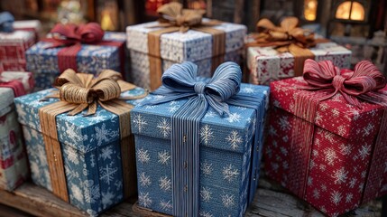 Christmas gift boxes tied with silk ribbons,