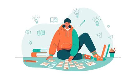 Creative Process Depicted: A Person Brainstorming Ideas Using Cards Surrounded By Study Items