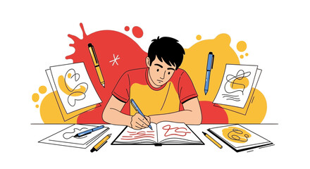 Creative Process Illustration: Young Man Writing and Sketching on Paper Artwork