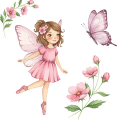 Whimsical watercolor fairy with pink butterfly and delicate floral accents