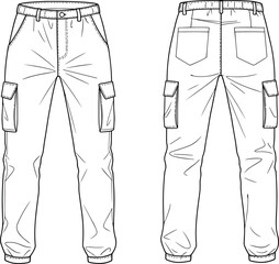 Technical cargo pants sketch, front and back view, fashion illustration, garment design, apparel template, utility style, elastic ankle, pockets