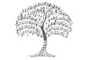 Music tree creating harmony and sound, flowing musical notes forming rhythmic tree branches, abstract art concept