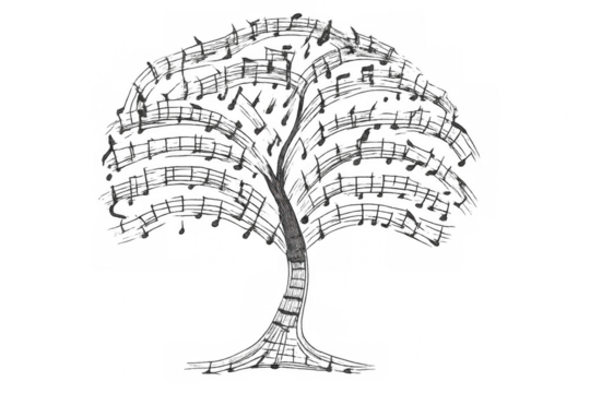 Music tree creating harmony and sound, flowing musical notes forming rhythmic tree branches, abstract art concept