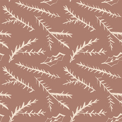 Seamless pattern with fir and holly branches on warm brown background creating cozy natural winter texture