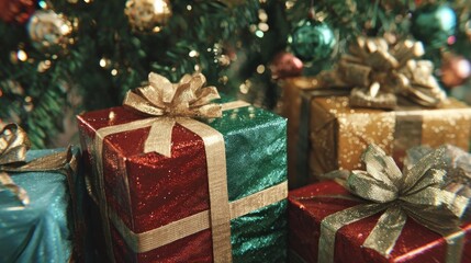 Christmas gift boxes wrapped in shiny paper and ribbons stacked near tree,