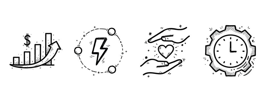 Hand-drawn business growth concepts: finance, energy, support, time management