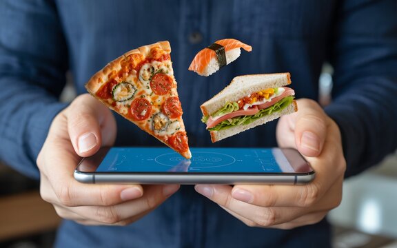 A person holds a smartphone with a food delivery app interface, from which a slice of pizza, sushi, and a sandwich appear to be floating above.
