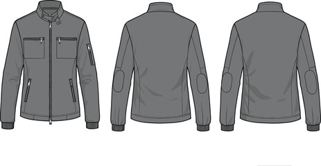 Technical jacket flat sketch, front view, back view, sleeve pocket, zipper details, fashion illustration, garment design, apparel template, outerwear concept, CAD drawing