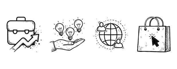 Business growth and innovation icons: briefcase, ideas, global network, shopping bag