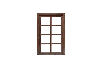 Brown wooden window frame with eight sections is isolated.
