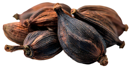 Pile of black cardamom pods isolated on transparent background, a spice used in cooking