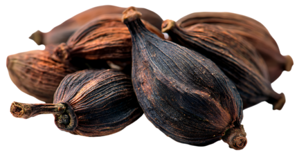 Pile of black cardamom pods isolated on transparent background, a spice used in cooking