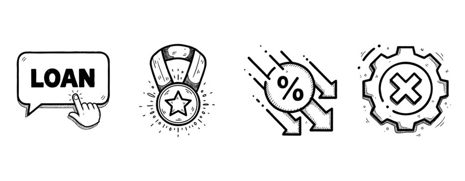 Hand-drawn loan and finance icons: loan, medal, interest rate, cancel symbol