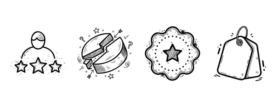Hand-drawn icons: customer review, broken arrow, star badge, price tag