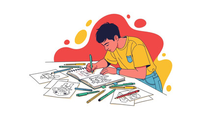 Creative Young Artist Sketching And Drawing, Colorful Illustration Style