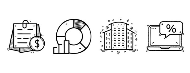 Hand-drawn shopping list, chart, warehouse, and laptop icons with percentage sign