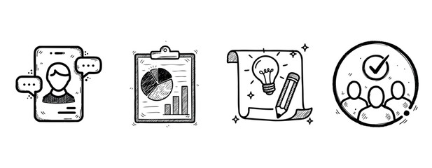 Hand-drawn icon set: user profile, data chart, creative idea, team collaboration