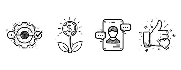 Doodle icons: gear with keys, dollar plant, phone with chat, thumbs up with heart