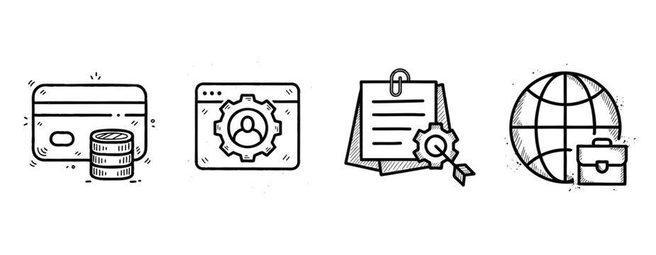 Simple banking, profile, documents, and global business icons in black and white