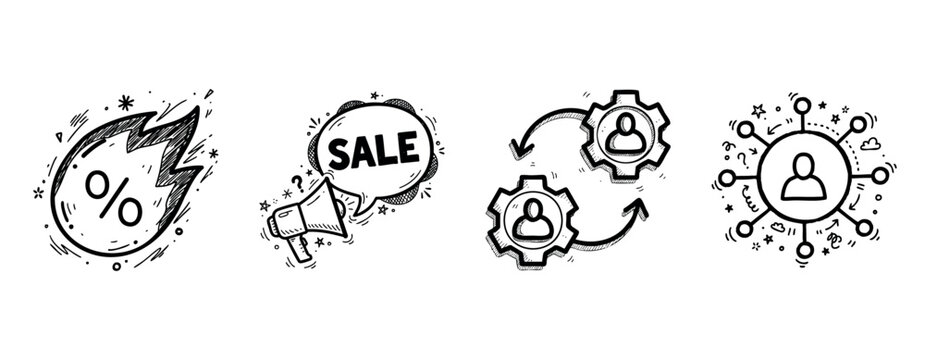 Hand-drawn business icons: sale, communication, workflow, networking