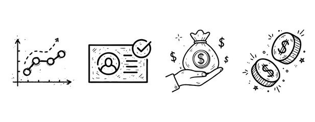 Obraz premium Financial growth and management: graph, id verification, money bag, coins