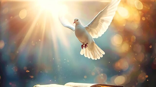 Symbol of the Holy Spirit, a pure white dove flies towards a radiant light from an open book, embodying peace, faith, and salvation