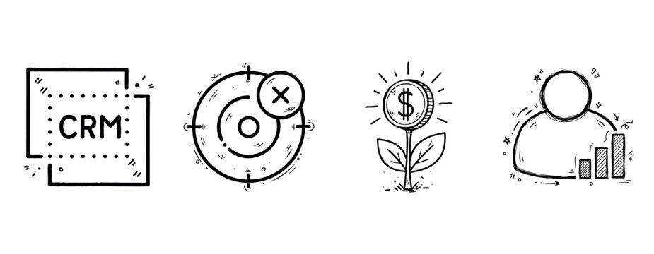 Hand-drawn icons of crm, target, money growth, user analytics
