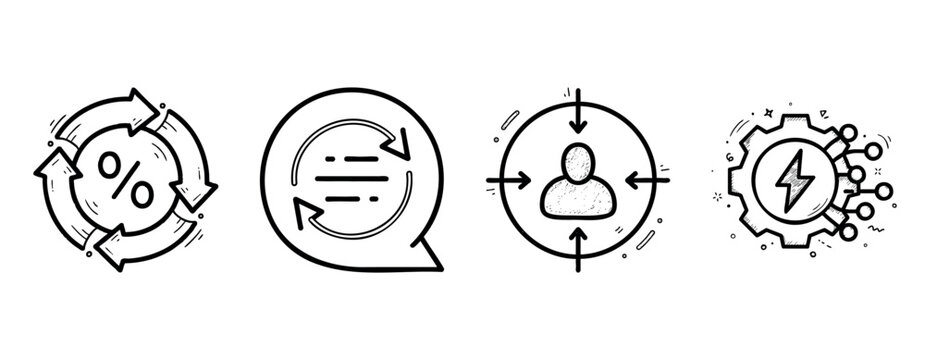 Hand-drawn business icons: percentage, communication, target, gear