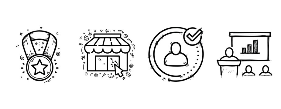 Business success icons: award, storefront, user check, presentation