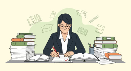 Dedicated Professional Woman Engaged In Academic Pursuits Surrounded By Books And Materials