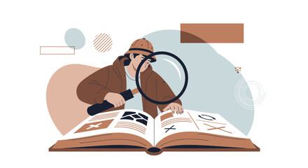 Detective Exploring an Open Book With a Magnifying Glass in Detailed Vector Art