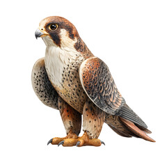 Detailed realistic miniature falcon bird figurine standing on its feet isolated on transparent background